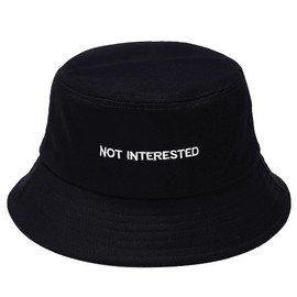 Unisex Cotton Embroidered Bucket Hat Packable Travel Beach Sun Hat for Women Men (Not Interested Black)