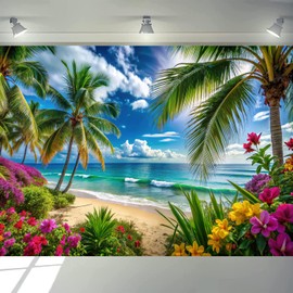 7x5ft Beach Ocean Backdrop – Tropical Palm Tree Summer Photography Background for Wedding, Birthday, Baby Shower, Beach Party, Indoor Outdoor Photo Booth Decor 083