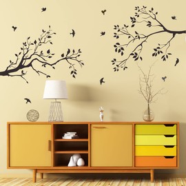 Runtoo Tree Branch Wall Art Decals Black Birds Leaves Wall Stickers for Bedroom Living Room Nursery Wall Decor