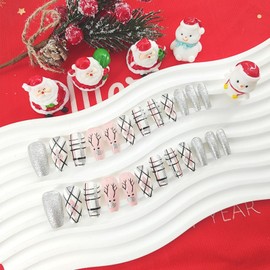 Christmas Nails Press ons Coffin Press on Nails Medium Fake Nails with Black Lines Elk Lattice Glitter Design Glue on Nails Xmas Full Cover False Nails Glossy Christmas Stick on Nails for Women 24Pcs