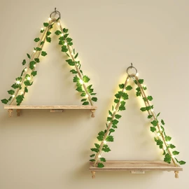 Fixwal Artificial Ivy LED-Strip Floating Shelves Set of 2, Macrame Hanging Shelves Plant Wall Decor, Rustic Boho Wood Wall Storage Shelves for Bedroom, Living Room, Bathroom Decor (Rustic Brown)