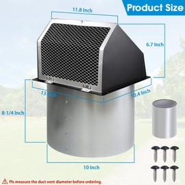 10" Hooded Wall Exhaust Vent Cover Outdoor Hooded Wall Vent with Screen and Damper,Outside Exhaust Dryer Vent Cover Exterior Wall Vent Cover for House Kitchen Range Hood Dryer,Black Hood Wall Vent Cap