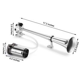 HK 12V 150db Air Horn, 18 Inches Chrome Zinc Single Trumpet Truck Air Horn with Compressor Powerful Loud 150db for Truck Boat SUV Train (Sliver)