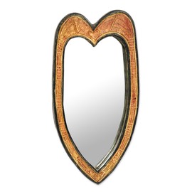 NOVICA Heart Shaped Glass Wood Wall Mounted Mirror, Black and Red, Contours of Love'