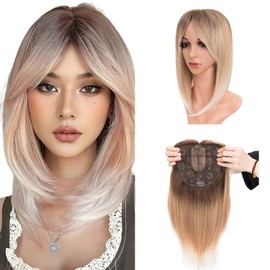 S-noilite Hair Toppers with Bangs for Women with Thinning hair, Synthetic Clip in Toppers Wigs Hair Pieces 6x6 Lace Base Wiglets Hairpieces 14 inch Brown Mixed Blonde to White Highlights Hair Topper