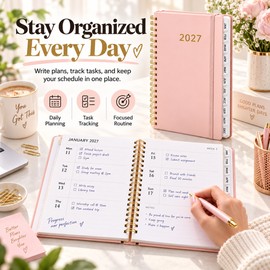 2027 A5 Weekly & Monthly Planner for School & Office – Spiral Agenda with Tabs, 80 Sheets & Leather Cover