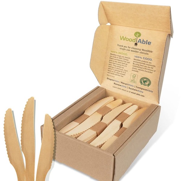 WoodAble | Disposable Wooden Knives |100 Count | Backyard Compostable
