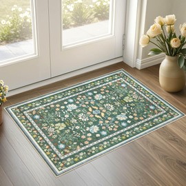 UERMEI Door Mat Entrance Rug: 2x3 Washable Area Rug Boho Floral Small Rug - Non-Slip Low Pile Throw Indoor Carpet for Entryway Kitchen Front Door Bathroom Entry Kids Room - Green