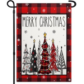 Merry Christmas Garden Flag for Outside 12x18 Inch Double Sided Christmas Tree Garden Flag Buffalo Plaid Christmas Garden Flag for Outdoor House Yard Indoor Holiday Party Sign Decorations