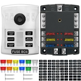 200A 6 Way Blade Fuse Block, 6 Circuits Boat Fuse Box Panel with Dual Positive Power Inputs and Negative Bus, Standard ATC/ATO Fuse Holder with LED Indicator, for 12V/24V Car Truck Marine