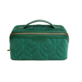 Alice Wheeler London Quilted Velvet Train Case, Teal, Decorative Stitching, Gold Hardware