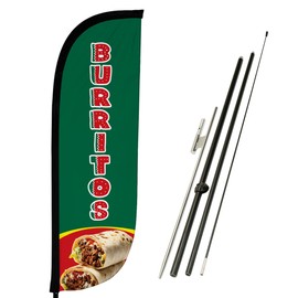 LookOurWay Feather Flag Pole Kit - 7 Feet Tall Advertising Banner with Fiberglass Pole Set and Ground Spike for Business Promotion - Mexican Food Flags - Burritos