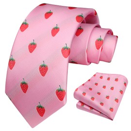 HISDERN Men's Ties Animal Pattern Tie Pocket Square Wedding Business Tie & Pocket Square Set, Pink-strawberry