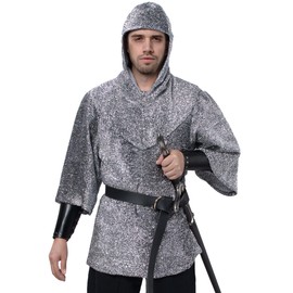 Renaissance Faux Chain Mail Armor Tunic Shirt Coif Medieval Knight Cowl Crusader Costume Outfit Bracers Waist Belt Set, Silver Gray, Medium