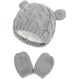 DRESHOW Newborn Baby Hat and Gloves Set Toddler Baby Hat Winter Knitted Hat Unisex Baby Winter Hat, Gray Hat And Mitten