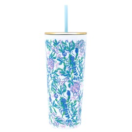 Lilly Pulitzer Double Wall Tumbler with Lid and Reusable Straw, Iced Coffee Cup with Lid, Insulated Travel Cup Holds 24 Ounces, Just a Pinch