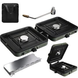 ALBOMI 2 Burner Camping Stove with Windscreen, Portable Folding Gas Stove with 17200 BTU Adjustable Burners,12 Plates Foldable Aluminum Camping Stove Windshield, Suitable for Propane & Butane