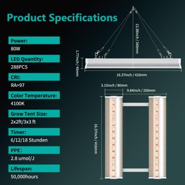 JESLED 1.4FT/16inch 80W T8 Full Spectrum Plant Growing Lights with Timing Function, Plug in Suspended Fixture for 2x2/3x3ft Grow Tent Room, Greenhouse Cultivation, Laboratory Plant Cultivation