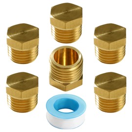 Lyeteung 6 PCS G1/4 Brass Hexagonal External Thread Cap, Brass Blanking Stop Caps, Hose Caps Hexagonal Brass Fitting Pipe Cap, with Raw Material Tape, for Valve Pipe Fittings