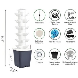 Vertical Hydroponic Tower Garden System - 6 Layer 30 Pods Hydroponic Grow Tower Kit with Water Pump & Timer, BPA-Free Modular Indoor/Outdoor for Strawberries, Tomatoes, Lettuce, Herbs (Black Base)