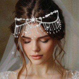 Unicra Silver Rhinestone Head Chain Tassel Sparkly Crystal Bridal Wedding Headband Bride Hair Accessories Jewelry for Women and Girls (Silver)