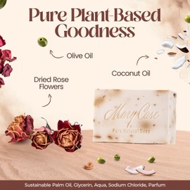 Mary Case All Natural Bar Soap for Men & Women (Set of 4) - Body Soap Bars with Olive, Coconut, Rose Oils & Dried Rose Flowers - Vegan Bath Soaps for Softening, Hydrating & Boosting Skin Radiance