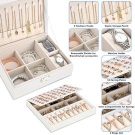 Moseem Jewellery Box Organiser for Women Girls,2-Layer Large Jewellery Organiser Box with 2 Watch Pillows,Removable Tray,PU Leather Jewellery Boxes for Earrings Rings Necklaces Watches Bracelets,White