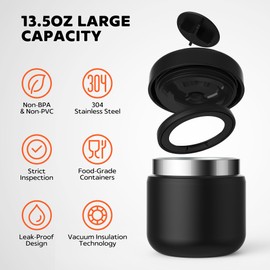 LEIKEEGO Food Flask,385ml Food Flask for Hot Food,Stainless Steel Vacuum Double Wall Insulated Food Jar, Soup Flask Keep Hot &Cold for 12 Hours(Black)