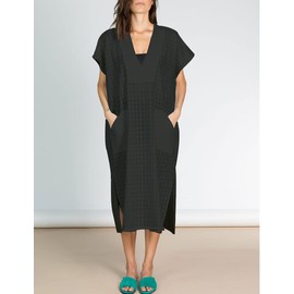 Bsubseach Women Plaid Swimsuit Cover Up V Neck Kaftan Dresses Caftan Maxi Dress Black