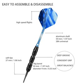 Sanfeng Darts with Plastic Tips for Electronic Dartboards - 20 Grams - Professional Soft Dart E-Darts with Aluminium Shafts - 50 Anti-Loose Rubber Rings, 30 Tips & 6 Flights
