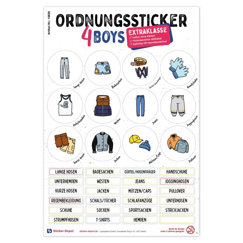 Typographus - 68 child-friendly stickers for clothes - for wardrobes,