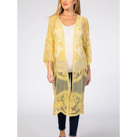 FaroDor Women's Long Flowy Lace Crochet Kimono Cardigan Boho Style Summer Beach Cover Ups Yellow
