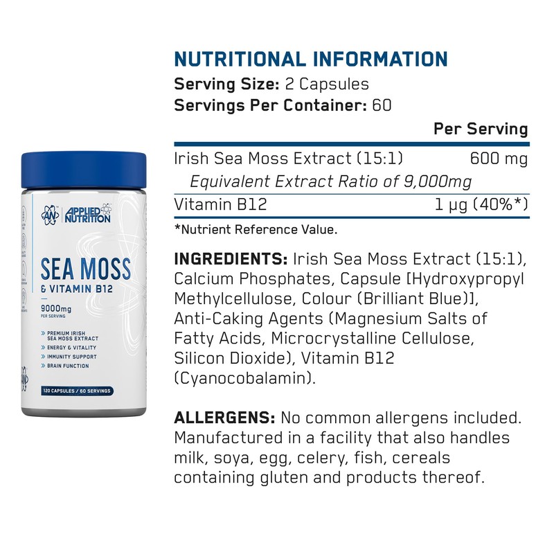 Applied Nutrition Irish Sea Moss Capsules with Vitamin B12 –