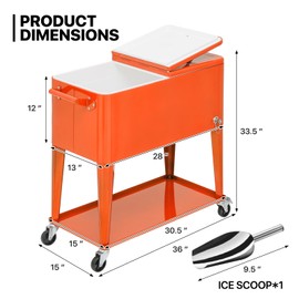 MADOG 80-qt Rolling Cooler on Wheels Outdoor Backyard Bar Ice Cooler w/Handle, Portable Beverage Pool for Cookouts, Tailgating, Grilling-Out W/Bottle Opener, Catch Tray, and Locking Wheels, Orange