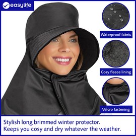 Easylife Long Brimmed Winter Hat (Black). Rain-Proof Winter Hats for Women with Wide Brim (Fits Head Sizes 54-58cm in Circumference) Fleece-Lined Ladies Winter Hats with Cosy Snood - Fully Guaranteed