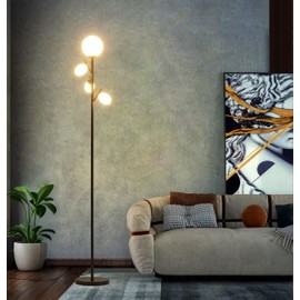 Fiqevs 4 Globe Mid Century Floor Lamp, 4 x 800LM LED Bulbs Included, Torchiere Modern Black Tree Standing Lamp, Contemporary Vintage Tall Lamp for Living Room, Bedroom & Office