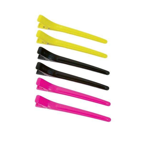 Colortrak Duckbill Clips, Tapered Tip Ideal for Sectioning, Strong Tension Springs, Long Grips for Easy Handling, Holds All Lengths of Hair, Pink/Black/Yellow, 6 Count