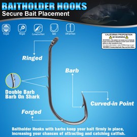 Baitholder Fishing Hooks 100 Pack - Double-Barbed Long Shank for Bluegill Bass Trout Walleye Black/Red, 8/0-#8 (2-Black, Size:1 100-Pack)