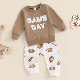 Scloutarry Toddler Boy Football Outfit Game Day Embroidery Long Sleeve Sweatshirt Jogger Pants Infant Football Clothes (Khaki, 2-3 Years)