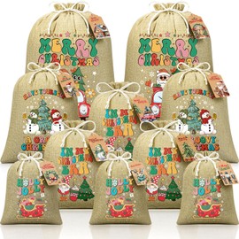 10 PCS Christmas Burlap Drawstring Gift Bags w/Tags, Linen Xmas Gift Bags Assorted Sizes Bulk, Holiday Gift Bags Reusable Large Medium Small Wrapping Bags for Xmas Presents Party Favors Burlap Sack