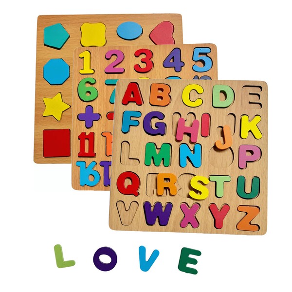 2PCS Wooden Alphabet Number Shape Puzzles for Toddlers, Educational Learning