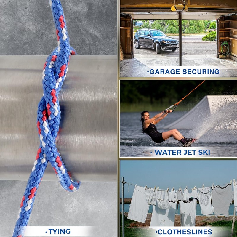 Braided Polypropylene Rope, 5/16" x 50FT, Blue/White/Red - Multi-Purpose for