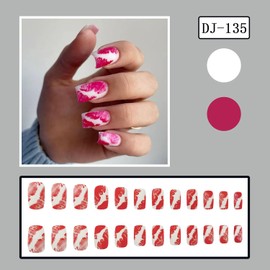 Red Lip Press on Nails Valentine’s Day Fake Nails Square Shape Glue on Nails Reusable Acrylic Nails White False Nail Tips with Lips Design Full Cover Stick on Nails Glossy Artificial Nails 24Pcs
