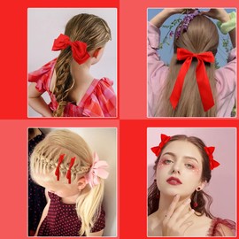 Ahoney 7 Pack Red Hair Bows - Silky Satin Clips With Long Tail, Multi Style French Ribbon Coquette Barrettes for Women and Girls