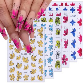 6 Sheets 3D Flower Nail Art Stickers Decals Cute Hand Painted Flower Self-Adhesive Nail Decals Yellow Blue Green Red Floral Nail Stickers for Women Girls DIY Manicure Decoration Supplies