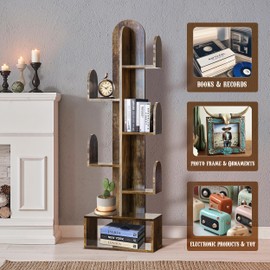 DOZILY Cactus Tree Bookshelf, 5-Tier Wood 50" Tall Corner Storage Rack for CDs/Movies/Books, Small Space-Saving Organizer Shelves for Living Room, Bedroom, Home Office (Rustic Brown)