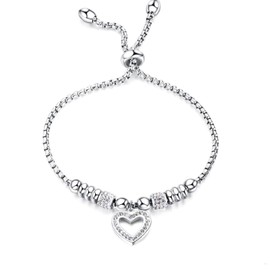 Harlorki Shiny Stainless Steel Adjustable Chain Rhinestone Love Heart Pendant Bracelet Birthday Cuff for Women Lady
