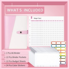 Taope Budget Planner, 6-Ring A6 Budget Binder, Money Organiser, with Soft PVC Pockets, Polyurethane (PU) Leather Notebook, Cash Envelopes, Household Expense Book with Money Compartments, Pink