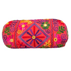 Bolster Cotton Boho Cushion Cover 18 x 7 inch (46 x 18 cms) Round Cylinder Takiya For Yoga, Meditation, Travel, Floor Cushion Embroidered, Back Neck Maternity Support Pillowcase Vegan (covers only)