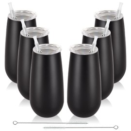 6 Pack Champagne Insulated Tumblers, Stemless Champagne Tumbler 6 Oz, Champagne Flutes Wine Tumbler, Unbreakable Cocktail Cups with Lid, Gift for Family Friends Christmas Birthday (Black)